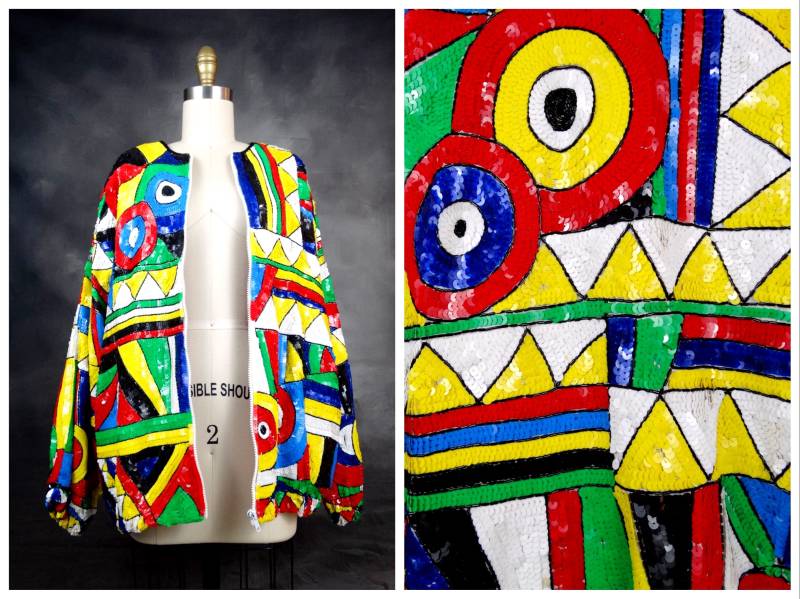 Vtg Leuchtender Pailletten-Mantel // Verzierte Retro Bomberjacke 80S Colorblock Paillettenjacke von braxae