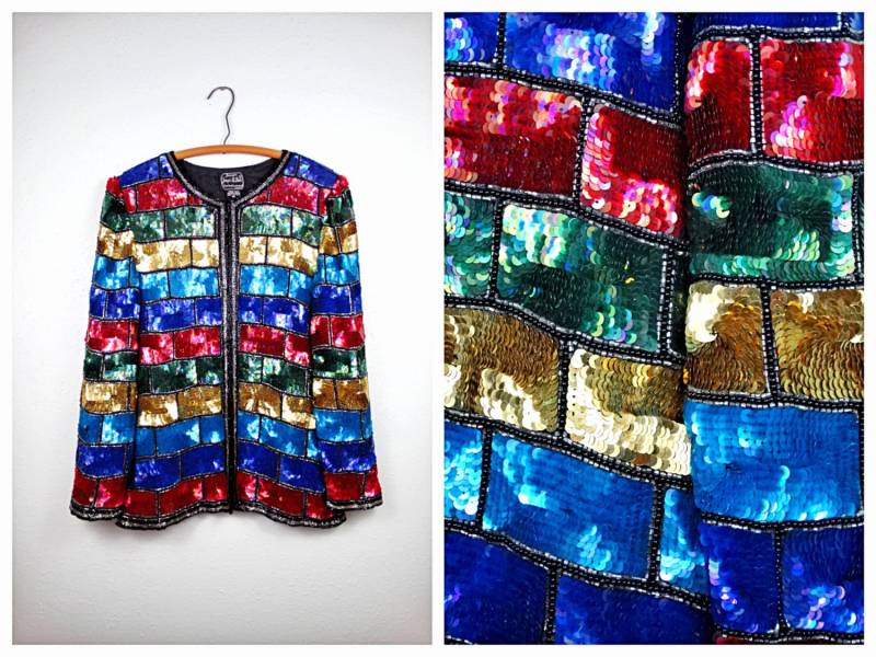 Vtg Pailletten Jacke // Color Block Bricks Top Retro Perlen Cardigan von braxae