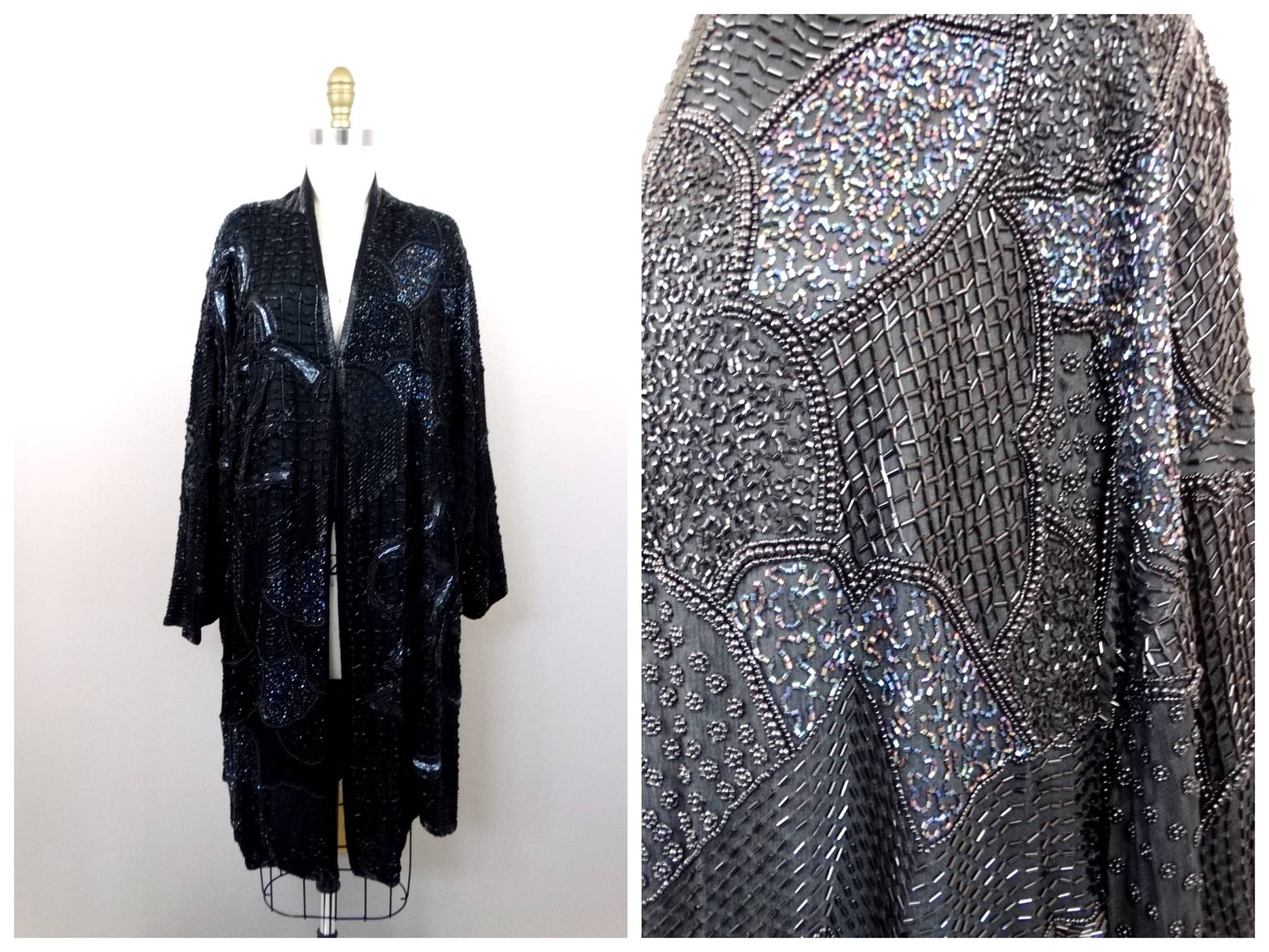 Vtg Perlenbesetzte Lange Jacke/stark Verzierter Offener Kaftan Schwarzer Seidenkimonomantel O S von braxae