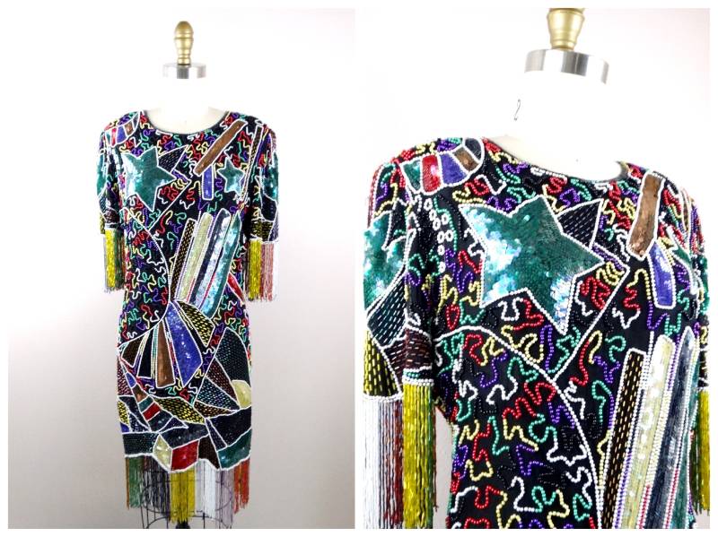 Vtg Perlenfransenkleid/Retro Regenbogen Funky Paillettenkleid Vintage Partykleid von braxae
