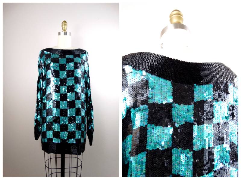 Vtg Retro Checker Pailletten Tunika Oder Minikleid/Türkis Teal Kariertes Perlen Übergroßes Langarmtop Micro Mini von braxae