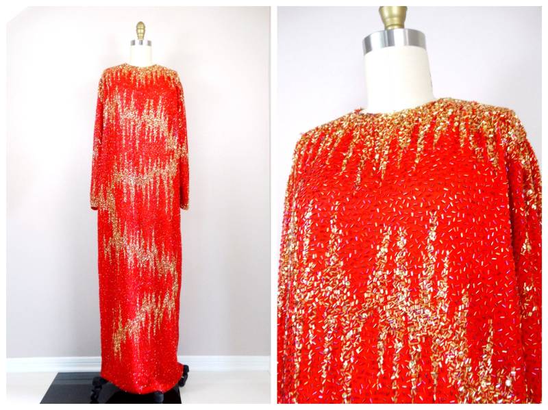 Vtg Stark Wulstiges Strasskleid/Vintage in Voller Länge Verzierte Dolman-Ärmelkleid Rot - Und Gold-Abendkleid von braxae