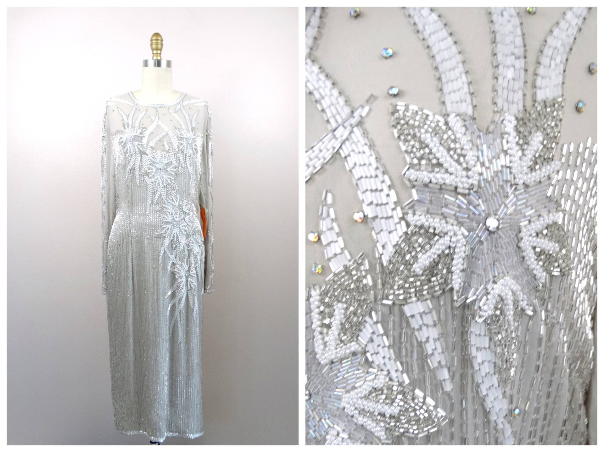 Vtg Strass Kristall Perlen Kleid // Stark Verzierte Silbergrau Und Weisse Schiere Seidenkleid Art Deco von braxae