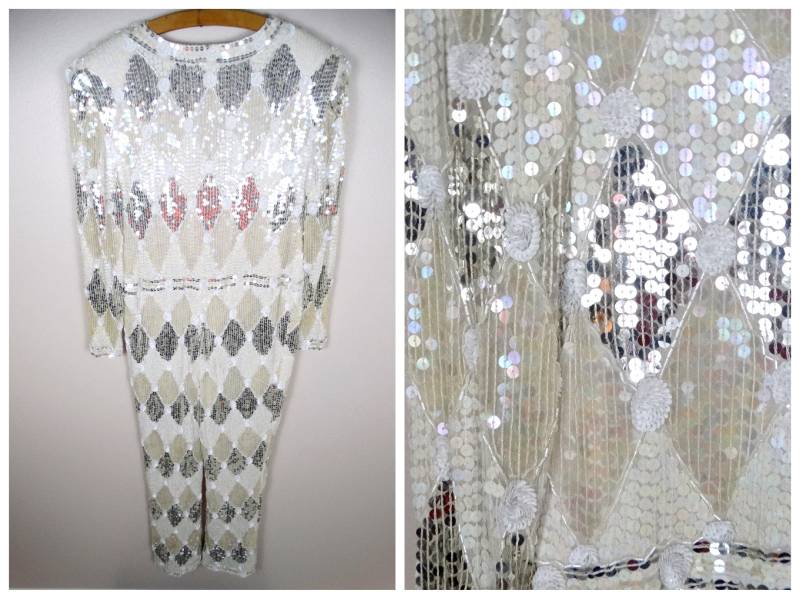 70Er 80Er Jahre Pailletten Jumpsuit/Vintage Harlekin Design Playsuit Weiß Silber Diamant Form Karierter Strampler Braut Spielanzug von braxae