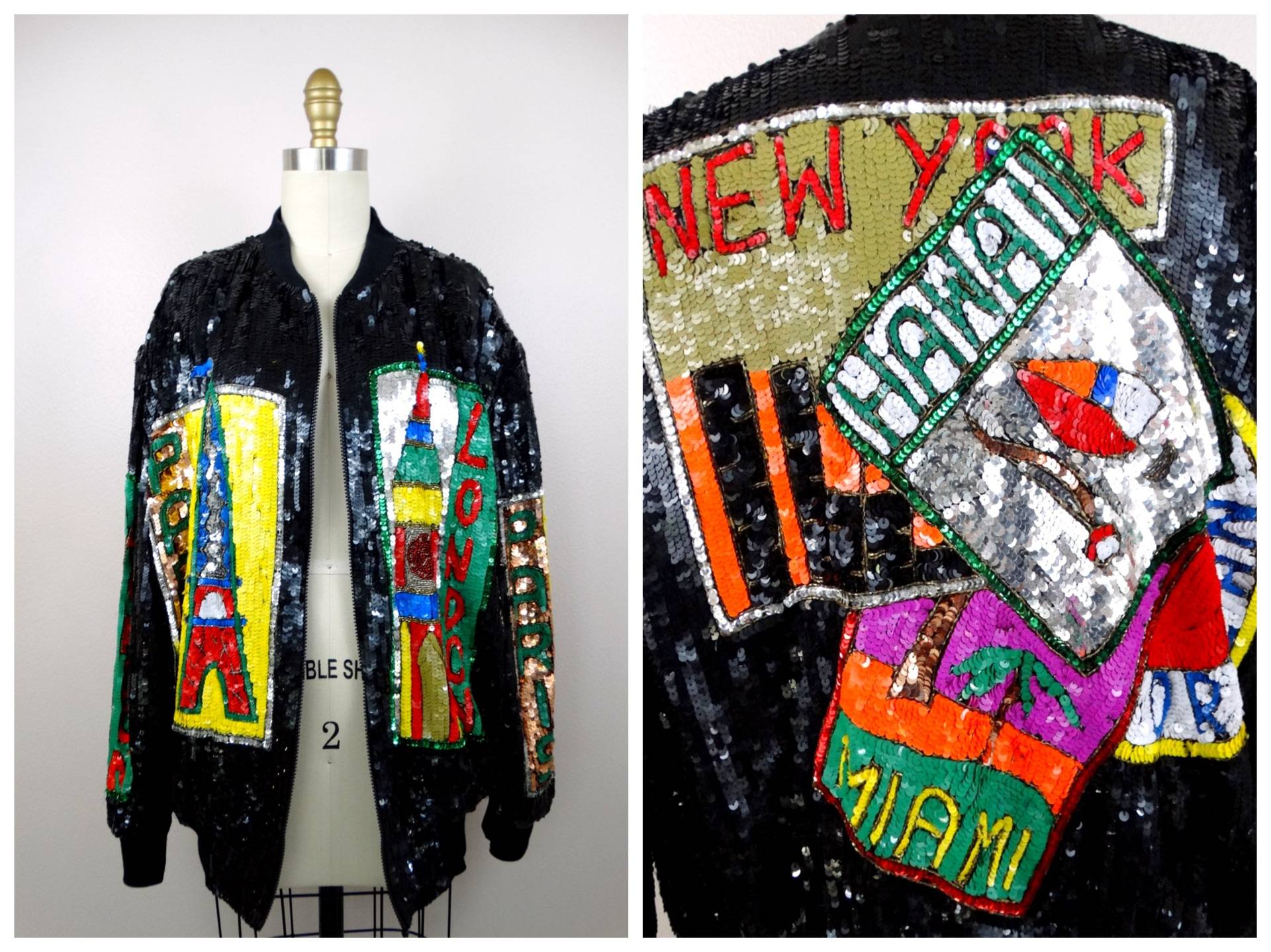 Weltreisende Pailletten-Bomberjacke ‣ Reisen Pailletten Neuheit Mantel New York Hawaii Miami Orleans London Paris von braxae