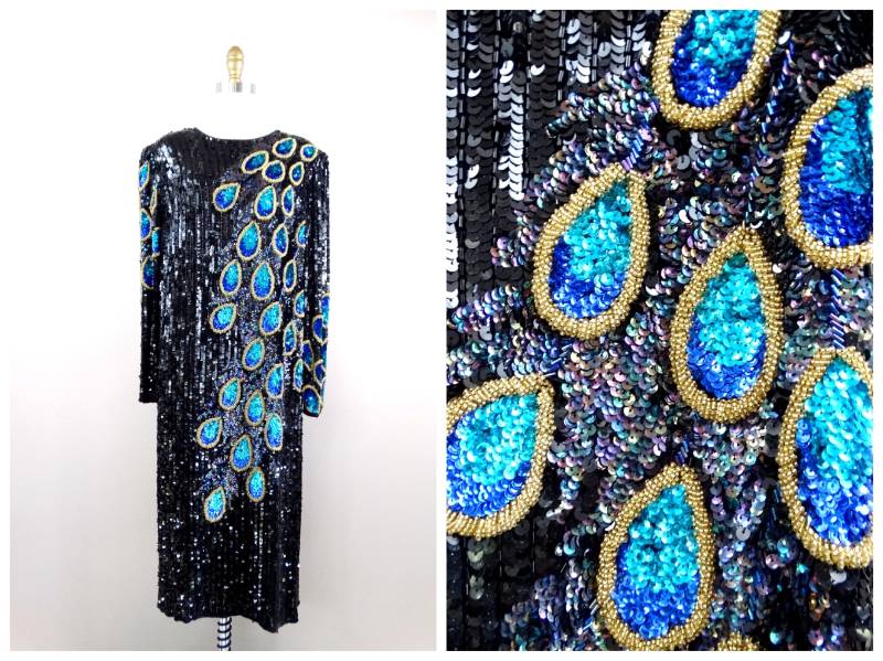 stark Perlenbesetztes Paillettenkleid Übergröße/Art Deco Pfauenkleid Vintage Trophykleid 1x 2x von braxae