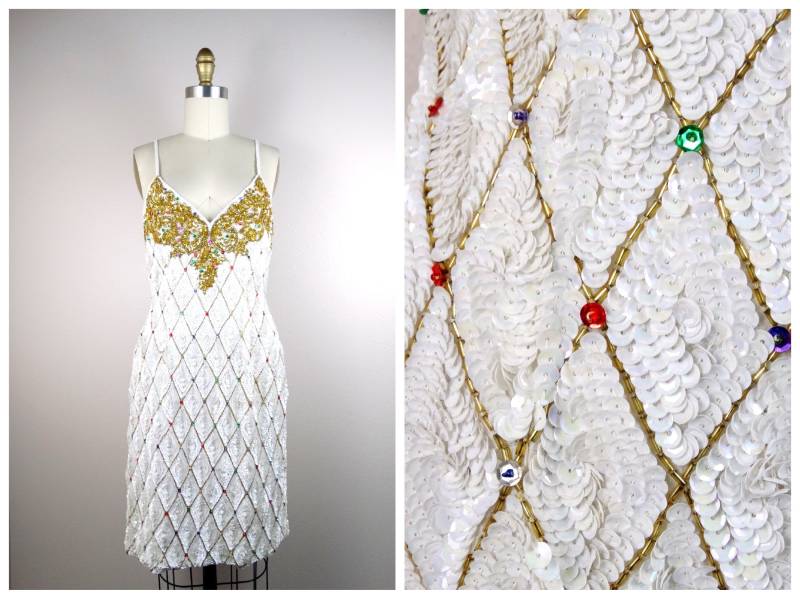 strahlend Weißes Paillettenkleid/Atemberaubendes Voll Verziertes Kleid Regenbogenkonfetti-Gold-Harlekingitterkleid von braxae