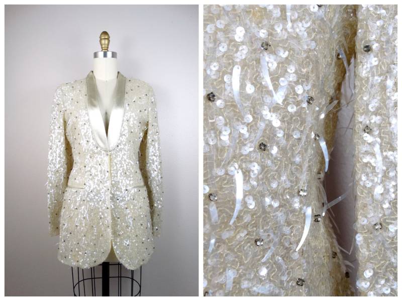 strass Verkrusteter Rohrkolben Pailletten Blazer/Kristall Perlen Fransen Elfenbein Jacke Von Alberta Ferretti von braxae