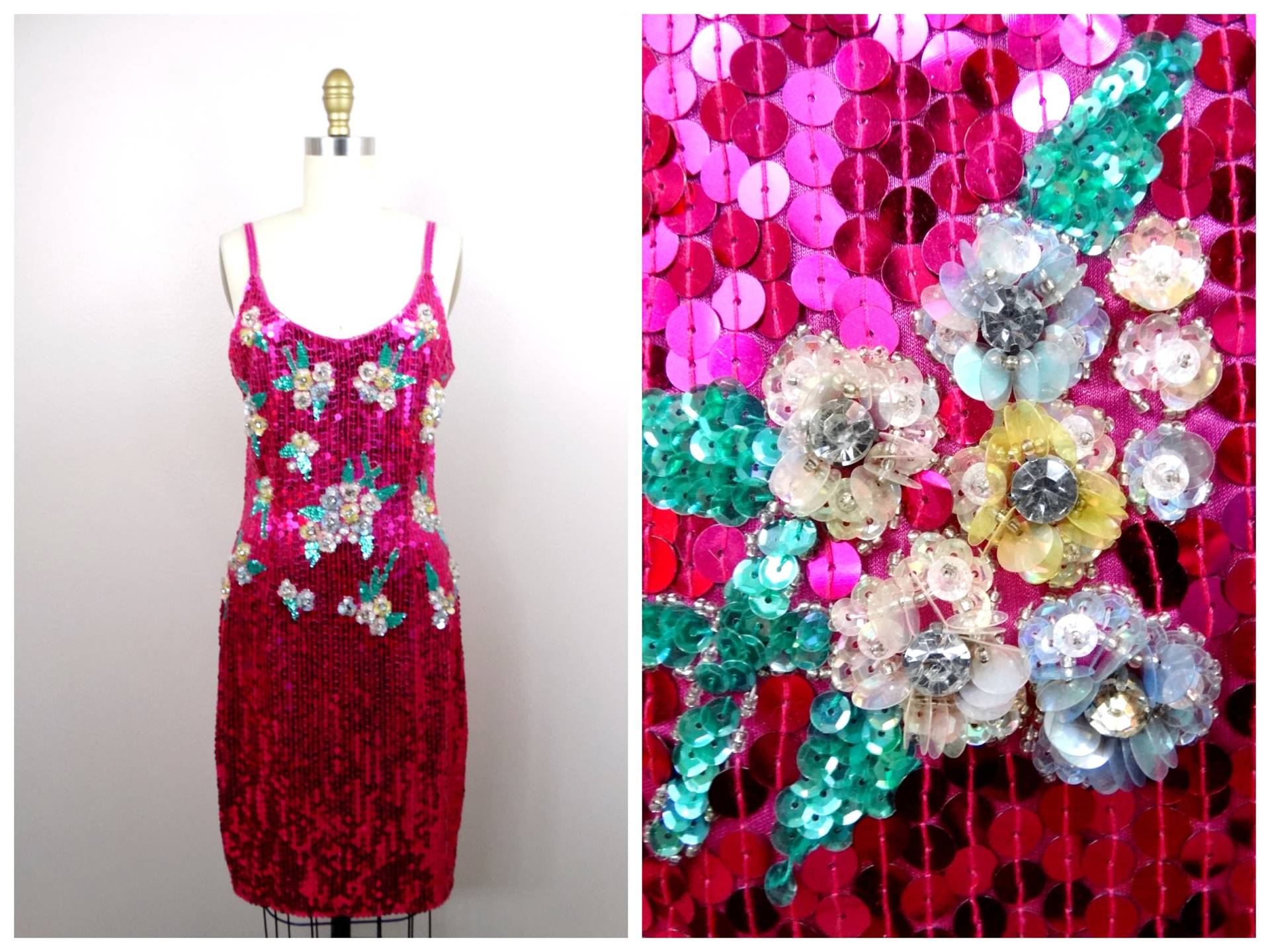 strass Verziertes Hot Pink Pailletten Kleid // Kristall Perlen Couture Party von braxae