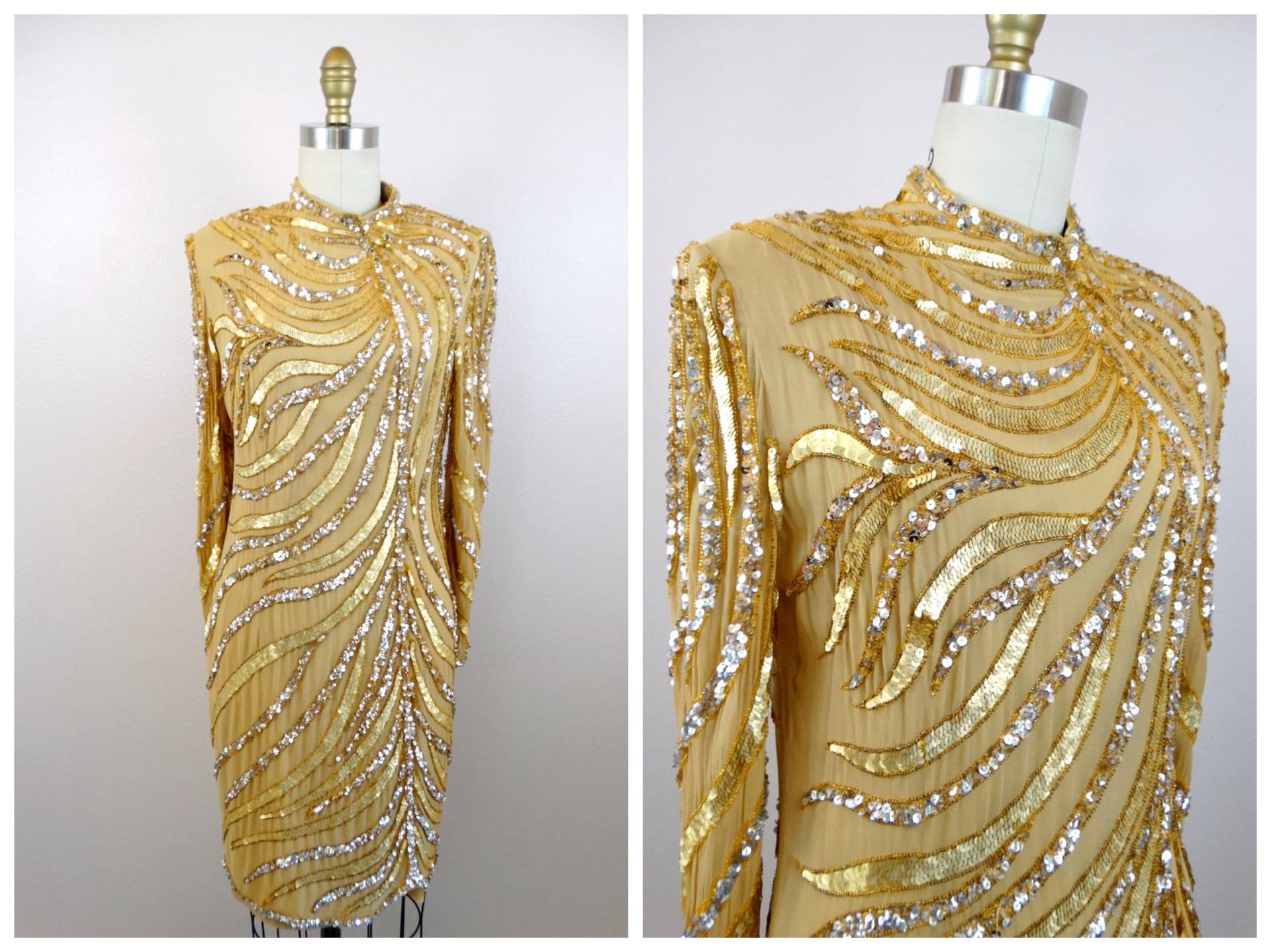 xs/S Goldenes Vintage Pailletten Perlenkleid // Gold Perlen Paillettenkleid S Small von braxae