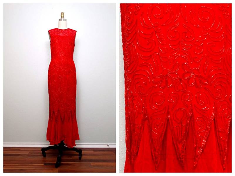 xs/S Rote Perlen Abendkleid Vintage Seide Verzierte Kleid Great Gatsby von braxae