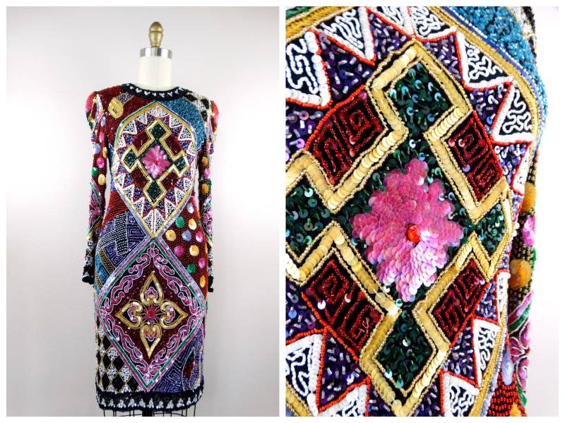 xxs/xs Seltenes Pailletten-Perlen-Kleid ‣ Retro Regenbogen Pailletten-Weinlese-Kleid Komplett Verziertes Kleid Art-Deco-Partykleid Extra S von braxae