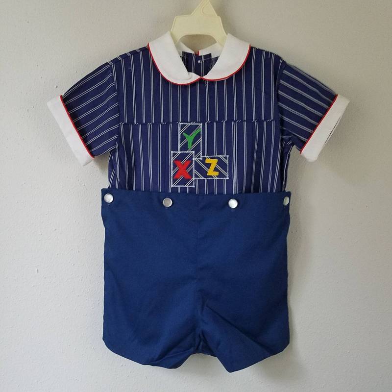Vintage Gestreifter Strampler Jayne Copeland Navy Outfit Mit Xyz Blocks von breedbabynyc