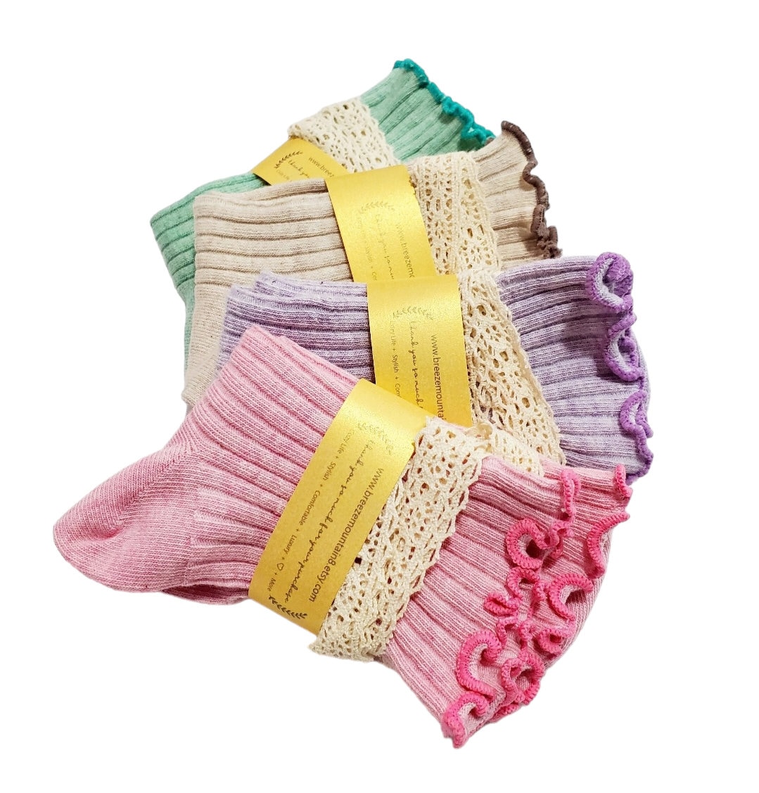 Pastell Baumwollsocken | Spitzenbogen-Socken Rüschen-Ripple-Rand-Socken Solide Leichte Socken Weiche Süße Bogensocken Mädchen Geburtstagsgeschenk von breezemountain8