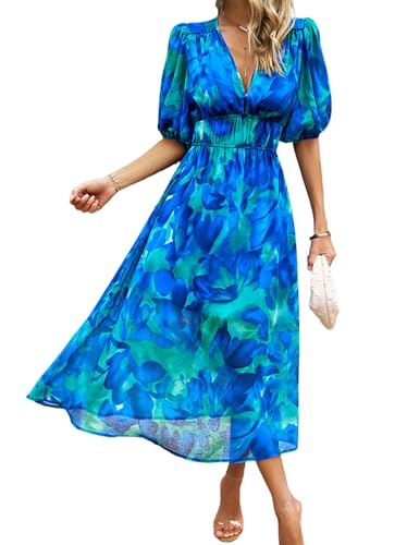 breezy lane Damen Casual Sommer Tiefer V-Ausschnitt Kleid Boho Floral Halbarm Flowy Maxi Lange Kleider von Breezy Lane