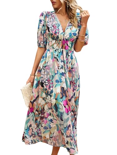 breezy lane Damen Casual Sommer Tiefer V-Ausschnitt Kleid Boho Floral Halbarm Flowy Maxi Lange Kleider von Breezy Lane
