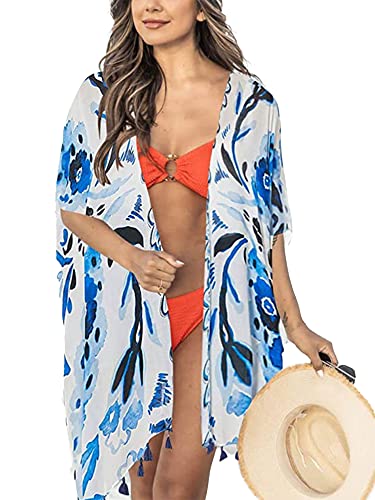 breezy lane Damen Kimono Bikini Cover Up Strickjacke Sommer Blumenmuster Strandkleid Lässige Badebekleidung Cardigan für den Urlaub von breezy lane