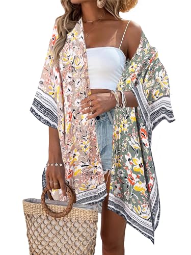 breezy lane Damen Kimono Bikini Cover Up Strickjacke Sommer Blumenmuster Strandkleid Lässige Badebekleidung Cardigan für den Urlaub von Breezy Lane