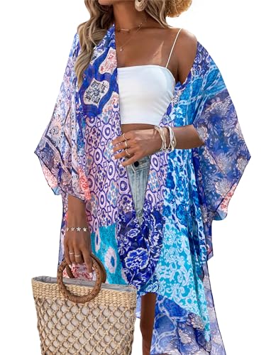 breezy lane Damen Kimono Bikini Cover Up Strickjacke Sommer Blumenmuster Strandkleid Lässige Badebekleidung Cardigan für den Urlaub von breezy lane