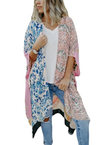 breezy lane Damen Kimono Bikini Cover Up Strickjacke Sommer Blumenmuster Strandkleid Lässige Badebekleidung Cardigan für den Urlaub von breezy lane