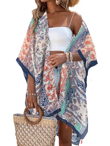 breezy lane Damen Kimono Bikini Cover Up Strickjacke Sommer Blumenmuster Strandkleid Lässige Badebekleidung Cardigan für den Urlaub von Breezy Lane