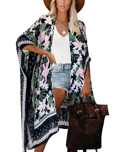 breezy lane Damen Kimono Bikini Cover Up Strickjacke Sommer Blumenmuster Strandkleid Lässige Badebekleidung Cardigan für den Urlaub von Breezy Lane