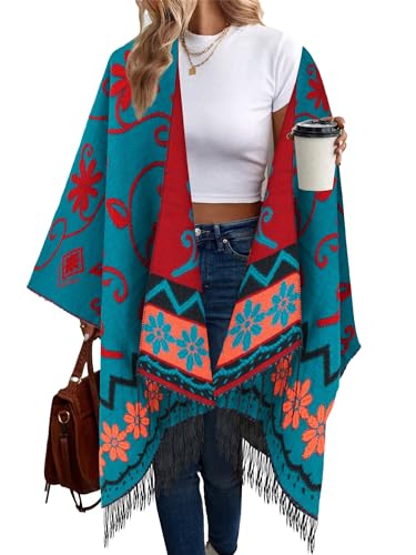 Breezy Lane Damen Poncho Schal Retro-Stil Bedruckt Umhang Übergroße Decke Cardigans für Herbst und Winter von Breezy Lane
