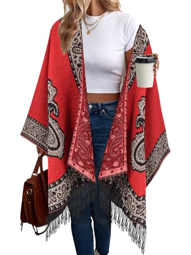 breezy lane Damen Poncho Schal Retro-Stil Bedruckt Umhang Übergroße Decke Cardigans für Herbst und Winter von breezy lane