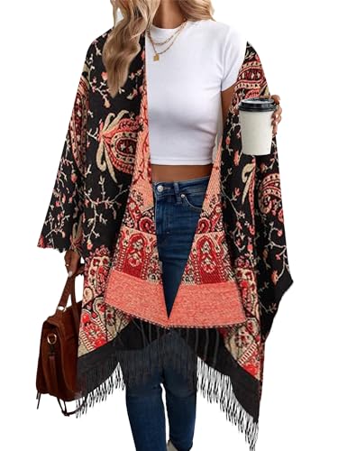 breezy lane Damen Poncho Schal Retro-Stil Bedruckt Umhang Übergroße Decke Cardigans für Herbst und Winter von breezy lane