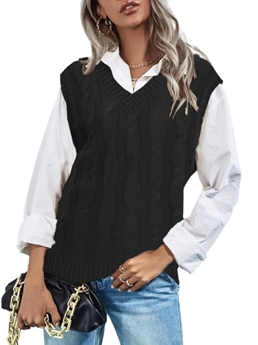 breezy lane Damen Pullover Vest Mit V-Ausschnitt Übergröße Ärmellos Zopfmuster Locker Lässig Sweater für Herbst und Winter von Breezy Lane