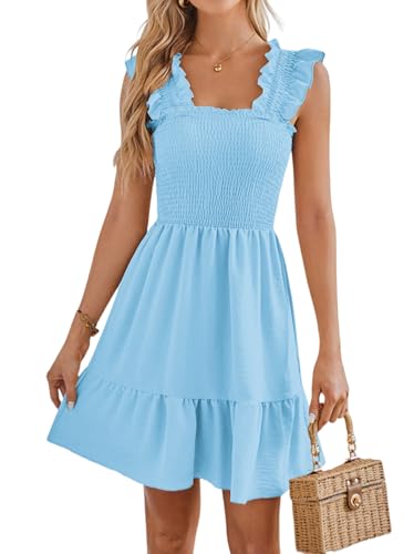 breezy lane Damen Sommerkleid Quadratischer Ausschnitt Gesmokt Rüschen Rückenfrei Lässig Boho Mini Kleid Kurze Kleider von Breezy Lane
