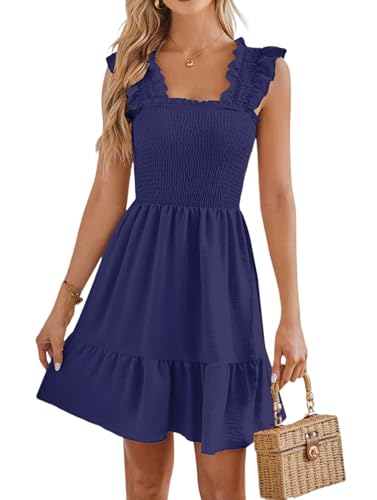 breezy lane Damen Sommerkleid Quadratischer Ausschnitt Gesmokt Rüschen Rückenfrei Lässig Boho Mini Kleid Kurze Kleider von Breezy Lane