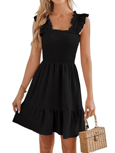 breezy lane Damen Sommerkleid Quadratischer Ausschnitt Gesmokt Rüschen Rückenfrei Lässig Boho Mini Kleid Kurze Kleider von Breezy Lane