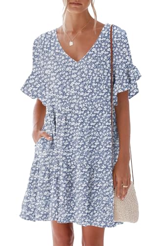 breezy lane Damen Sommerkleid mit Rüschen Kurze Ärmel V-Ausschnitt A Linie Gestuft Fließend Locker Lässig Mini-Strandkleid mit Taschen von Breezy Lane