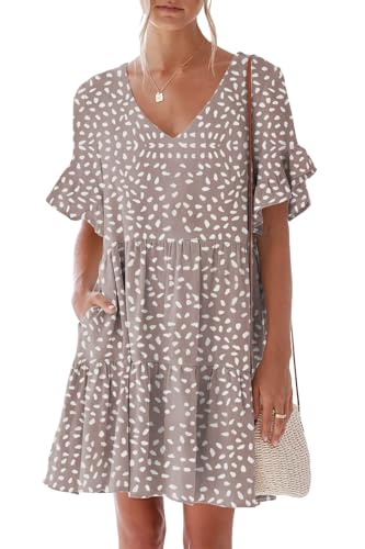 breezy lane Damen Sommerkleid mit Rüschen Kurze Ärmel V-Ausschnitt A Linie Gestuft Fließend Locker Lässig Mini-Strandkleid mit Taschen von Breezy Lane