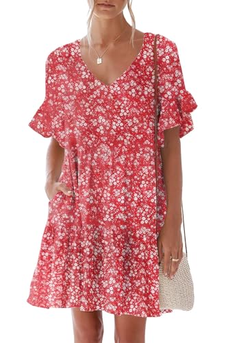 breezy lane Damen Sommerkleid mit Rüschen Kurze Ärmel V-Ausschnitt A Linie Gestuft Fließend Locker Lässig Mini-Strandkleid mit Taschen von Breezy Lane