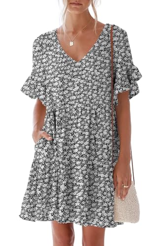 breezy lane Damen Sommerkleid mit Rüschen Kurze Ärmel V-Ausschnitt A Linie Gestuft Fließend Locker Lässig Mini-Strandkleid mit Taschen von Breezy Lane