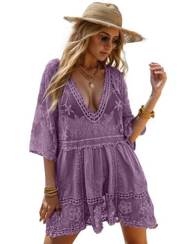 breezy lane Damen Strandkleid Spitze V Ausschnitt Badeanzug Bikini Cover Up Sommer Beachwear Vertuschen Bademode Strandkleidung von Breezy Lane
