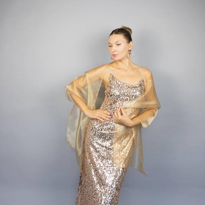 Goldener Organza-Verpackungsschal Goldener Scherenschal Schal Shrug Brautjungfern-Schal Frau Schieres Abendschal Abschlussball von bridalspain