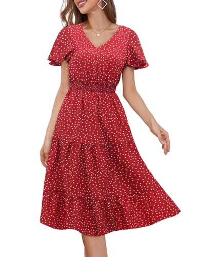 Bridesmay Lässige Sommerkleider für Damen mit Ärmeln, fließendes Boho-Blumenkleid, Midi-Länge 2025, Blumen-Rot, kleine weiße Punkte, X-Groß von bridesmay