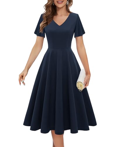 Bridesmay Semi-formelles Cocktail-Partykleid, Rüschenärmel, Hochzeitsgäste, Midikleider, Marineblau, L von bridesmay