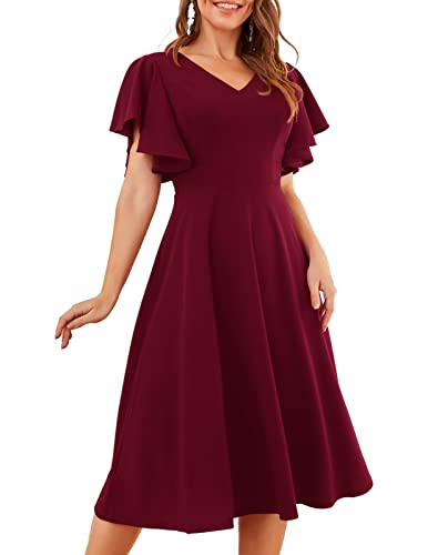 bridesmay 1950er Vintage Abendkleider Elegant für Hochzeit Ausgestellter ärmel Sommerkleid Weinrot Festliche Kleider Hochzeit Gast Cocktail Partykleid Burgundy L von bridesmay