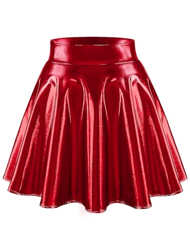 bridesmay Damen Glitzer Metallischer Faschingskostüm Mini Faltenrock Karneval Party Outfit Weihnachts Rock Rot M von bridesmay