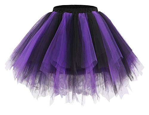 bridesmay Damen Tüll Rock Petticoat Unterrock Kurz Ballett Tutu 50er Rockabilly Tütü Mini Rock Karneval Kostüm Crinoline Black-Purple L von bridesmay