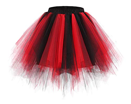 bridesmay Damen Tüll Rock Petticoat Unterrock Kurz Ballett Tutu 50er Rockabilly Tütü Mini Rock Karneval Kostüm Crinoline Black-Red L von bridesmay