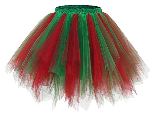 bridesmay Damen Tüll Rock Petticoat Unterrock Kurz Ballett Tutu 50er Rockabilly Tütü Mini Rock Karneval Kostüm Crinoline Red Green L von bridesmay