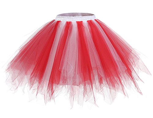 bridesmay Damen Tüll Rock Petticoat Unterrock Kurz Ballett Tutu 50er Rockabilly Tütü Mini Rock Karneval Kostüm Crinoline Red-White M von bridesmay