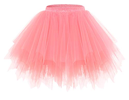 bridesmay Damen Tüll Rock Petticoat Unterrock Kurz Ballett Tutu 50er Rockabilly Tütü Mini Rock Karneval Kostüm Crinoline Rosa Coral XL von bridesmay