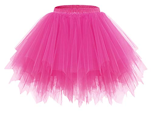 bridesmay Damen Tüll Rock Petticoat Unterrock Kurz Ballett Tutu 50er Rockabilly Tütü Mini Rock Karneval Kostüm Crinoline Rosa Fuchsia XL von bridesmay