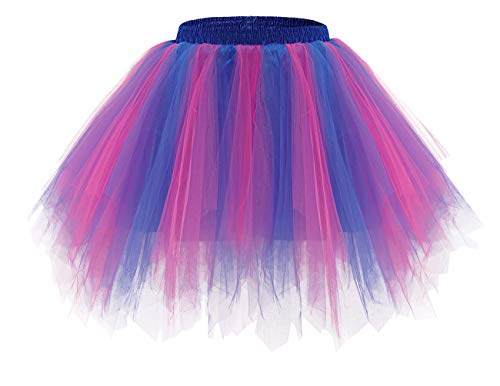 bridesmay Damen Tüll Rock Petticoat Unterrock Kurz Ballett Tutu 50er Rockabilly Tütü Mini Rock Karneval Kostüm Crinoline Royal Blue-Fuchsia L von bridesmay